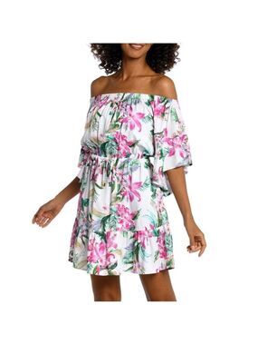 La Blanca Mystic Palms Off The Shoulder Tie Waist Ruffle Hem Tropical Dress